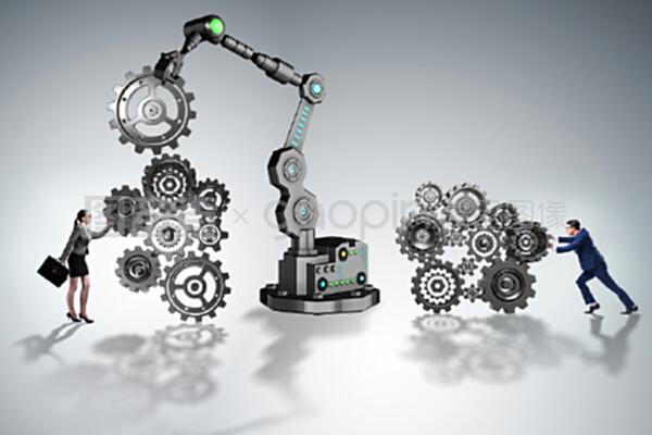 擁有齒輪和機(jī)械手臂的商人